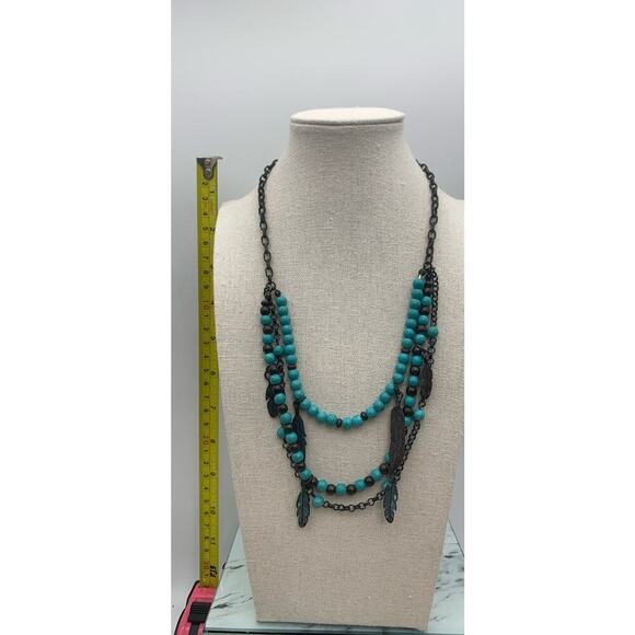 Shyanne Dark Silver Tone Feathers Faux Turquoise Beads Multi Layer Necklace - Picture 3 of 6